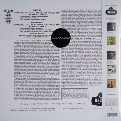 Виниловая пластинка Виниловая пластинка Mischa Elman - Bruch: Concerto No.1 For Violin And Orchestra/ Wieniawski: Concerto No.2 For Violin And Orchestra (Analogue) (Black Vinyl LP)