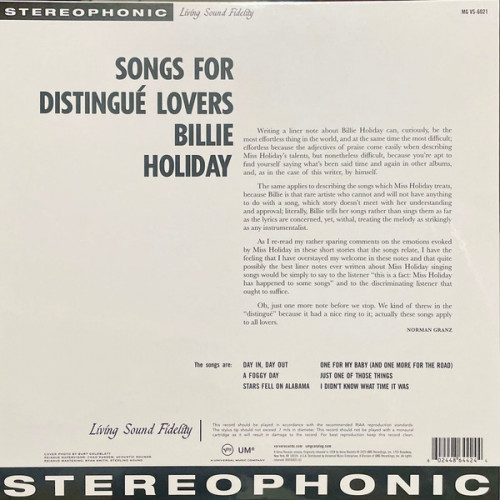 Виниловая пластинка Holiday, Billie - Songs For Distingue Lovers (Acoustic Sound) (180 Gram Black Vinyl LP)