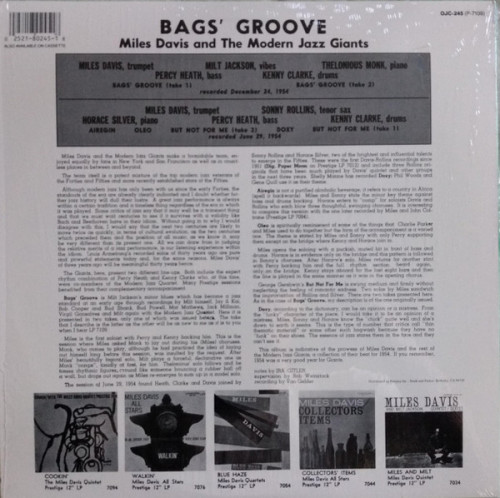 Виниловая пластинка Miles Davis - Bags' Groove (Original Jazz Classics) (Black Vinyl LP)