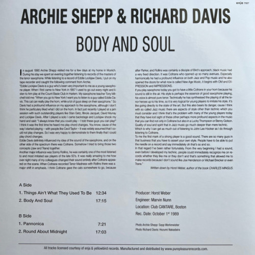 Виниловая пластинка Archie Shepp, Davis, Richard - Body & Soul (Analogue) (Black Vinyl LP)