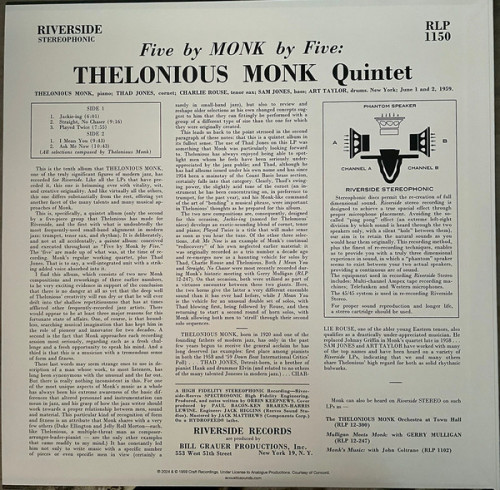 Виниловая пластинка Thelonious Monk - 5 By Monk By 5 (Analogue) (Black Vinyl LP)