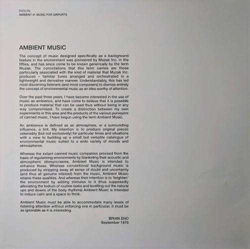 Виниловая пластинка Brian Eno, Ambient 1: Music For Airports (Single LP Version / 180g)