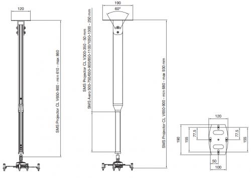Крепеж SMS Потолочный крепёж Projector CLV (SMS Aero Variable) 650-900 alum