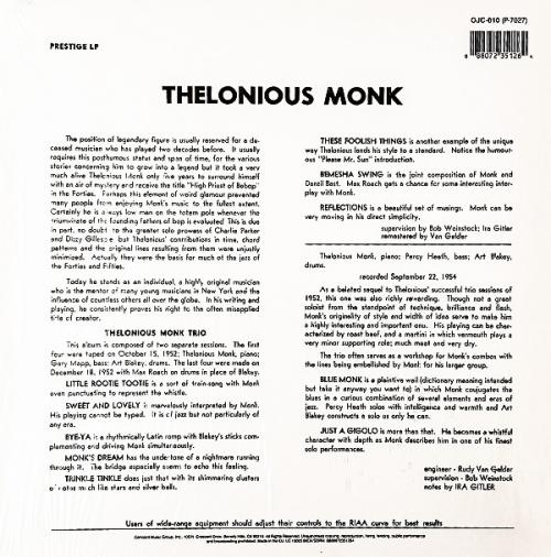 Виниловая пластинка Monk, Thelonious, Thelonious Monk Trio