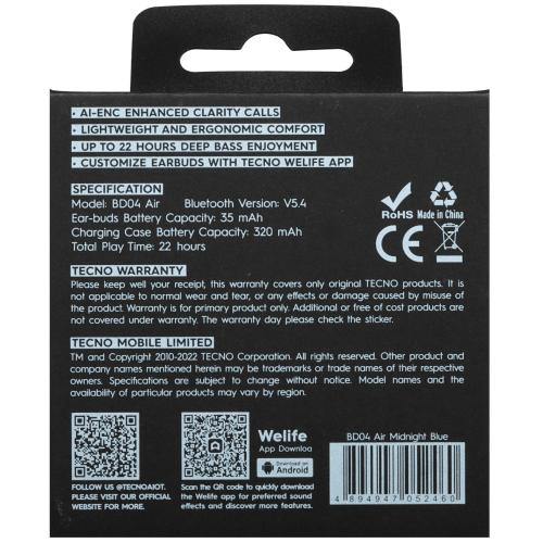 Наушники TECNO BD04 Buds 4 Air Midnight Blue