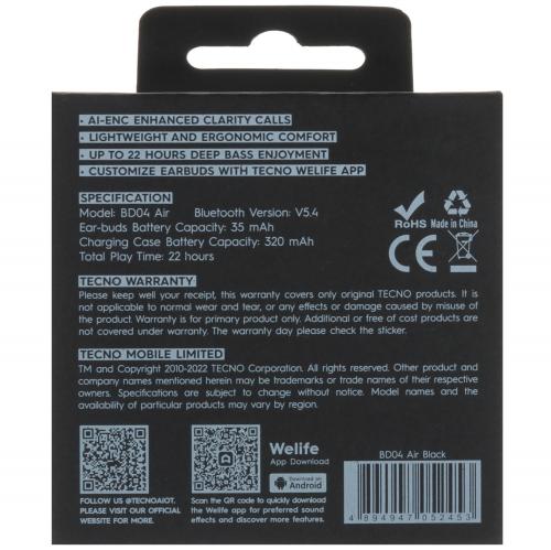 Наушники TECNO BD04 Buds 4 Air Black