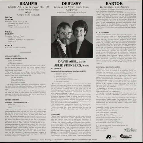 Виниловая пластинка Julie; Steinberg, Abel, David - Debussy/ Brahms/ Bartok: Sonatas For Violin And Piano (Analogue) (Black Vinyl LP)