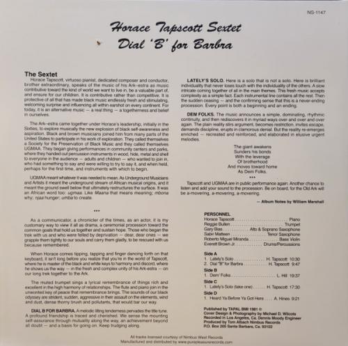 Виниловая пластинка Horace Tapscott - Dial ‘B’ For Barbra (Analogue) (Limited Edition, Black Vinyl 2LP)