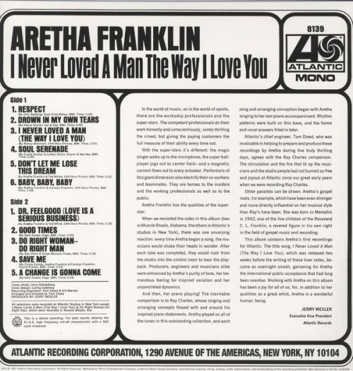 Виниловая пластинка Aretha Franklin I NEVER LOVED A MAN THE WAY I LOVE YOU